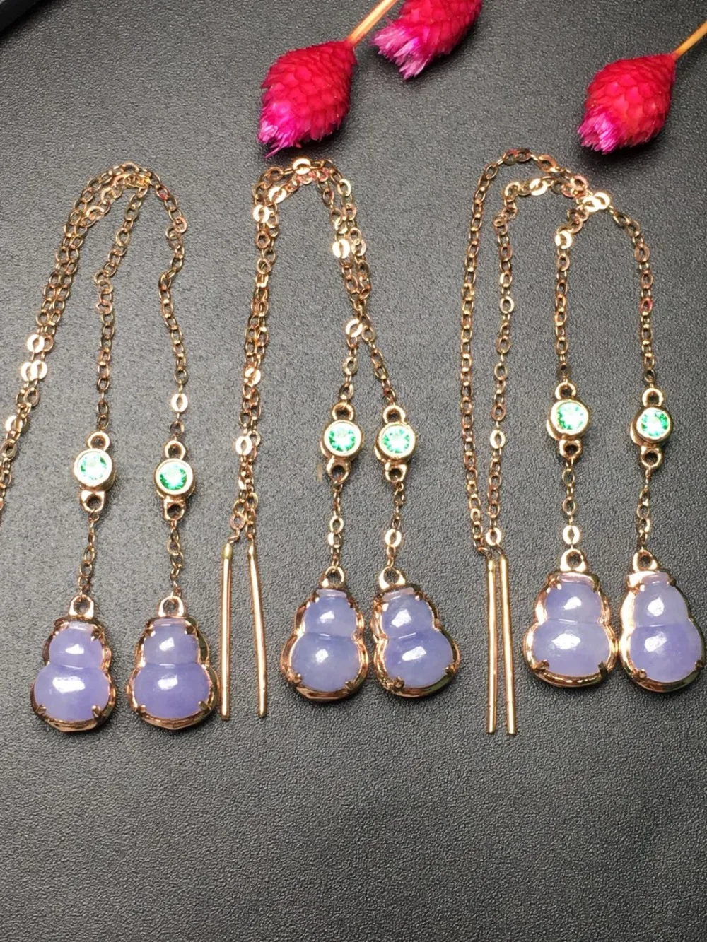 Fine Jewelry Collection Real 18K Yellow Gold AU750 100% Natural Purple Jadi Jade Gemstone Myanmer Origin Drop Earrings for Women | Украшения