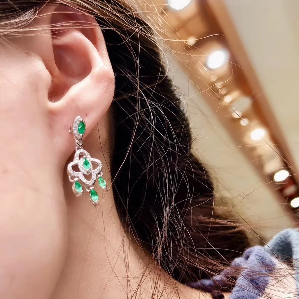 100% natural green emerald earrings Natural gemstone S925 silver female party gift jewelry | Украшения и аксессуары