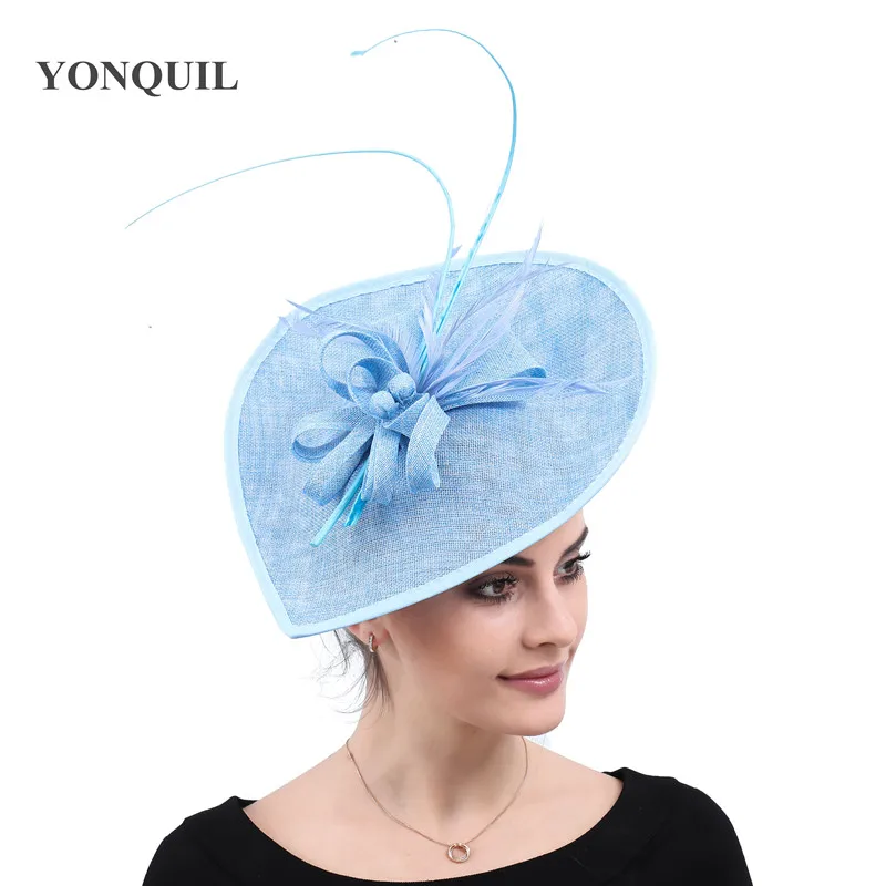 

Light Blue Big Derby Hats Veils Fascinators Wedding Women Party Married Headwear With Hair Clips Ladies Elegant Female Headpiece