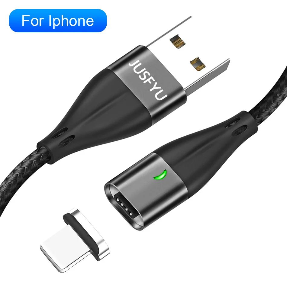 For iPhone Black СВЕТОДИОДНЫЙ Магнитный зарядный кабель 3A для iPhone XR XS MAX X 8 7 6 6S Plus, магнитное зарядное устройство для мобильного телефона, кабель Micro USB type-C - Цвет: For iPhone Black