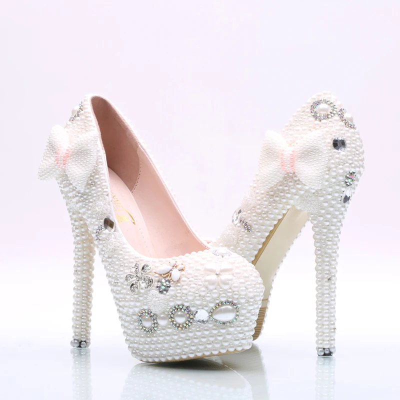 Handmade Women High Heel Shoes White Pearl Wedding Party with Bowtie Nightclub Rhinestone Prom Pumps Bridal | Обувь