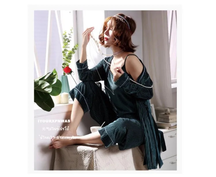 Dark green Женские пижамные комплекты, золотые бархатные теплые пижамы из 3 предметов, Женская осенне-зимняя сексуальная пижама, одежда для сна, домашняя одежда MA50138 - Цвет: Dark green