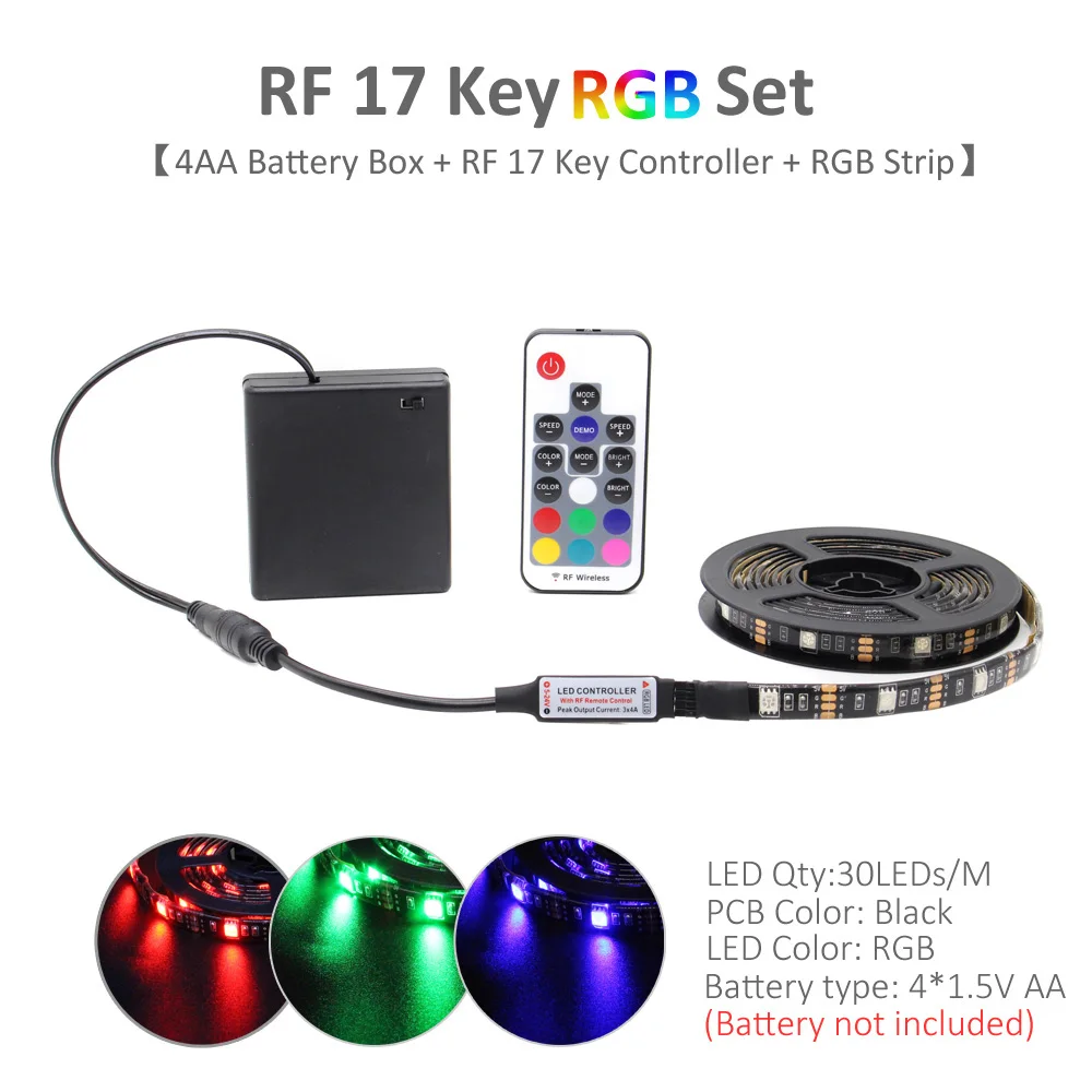 RF17 Key RGB Set RGB Светодиодная лента на батарейках, Светодиодная лента Tira e 5 V, регулируемая водонепроницаемая, на батарейках, с дистанционным управлением, для кемпинга, декоративная лампа - Испускаемый цвет: RF17 Key RGB Set