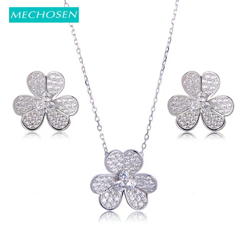 MECHOSEN, Модный цветочный 925 пробы, серебряные ювелирные наборы, подвеска, ожерелье, серьги, кубический цирконий, Романтические Аксессуары для банкета