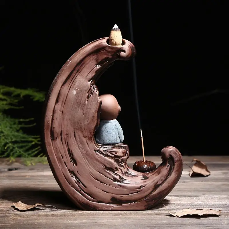 

Buddha Monk Zen Incense Burner Meditation Home Decor Smoke Backflow Incense Stove Waterfall Censer Cone Stick Incense Holder