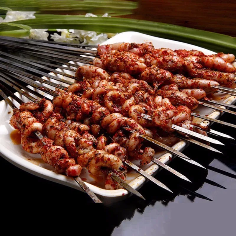 10Pcs BBQ Sticks Needle Stainless Steel Flat Barbecue Forks Picnic Tool Skewers Utensil Cooking Iron Kitchen Meat Holder | Дом и сад