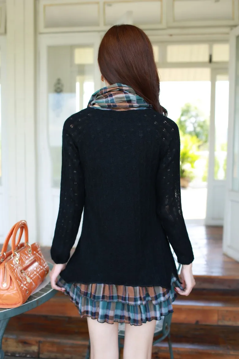 Платье плиссировка винтажный осень женщины вязание свободного покроя шотландка