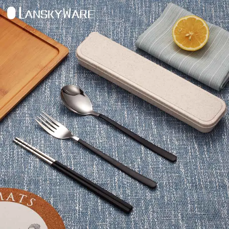 LANSKYWARE китайский 304 столовая посуда из нержавеющей стали набор портативная противоскользящая посуда с цветной краской для школы и пикника набор для ужина