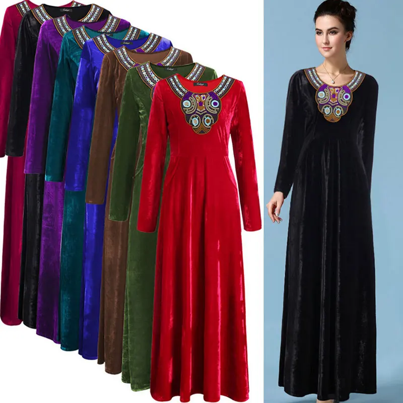 8 Цвета 2016 Зима Новый женский Длинное Платье Золото Бархат Вышитые С Длинными