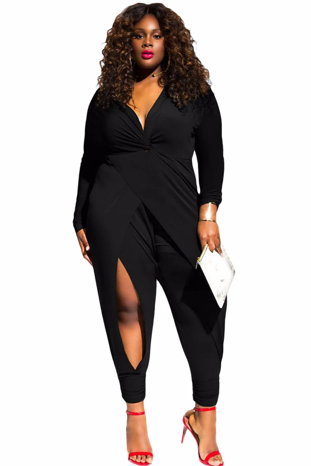Новый Клуб Женщин Осень Черный С Длинным Рукавом Комбинезон Twist Узел щели Плюс