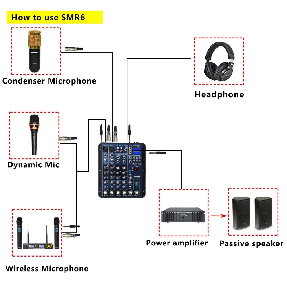 Freeboss SMR6 Bluetooth USB Запись 2 моно + стерео 6 каналов 3 диапазона EQ 16 DSP эффект