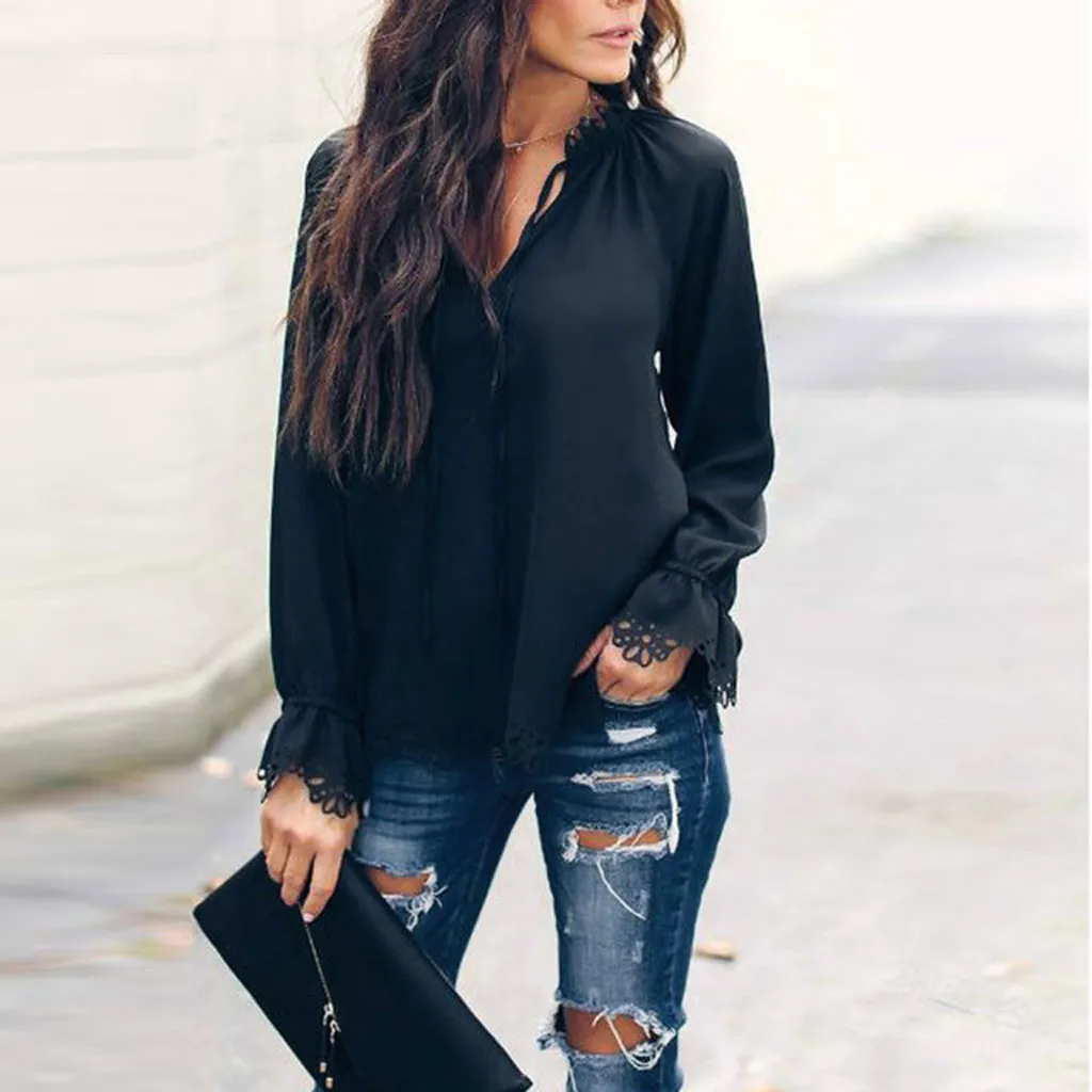 Для женщин цветочные кружева с v-образным вырезом и длинным рукавом шифоновая