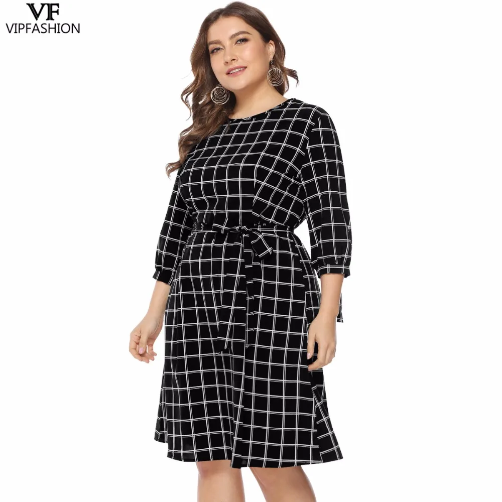 VIP FASHION 2019 Good Sale Plus Size Sexy Plaid Women's Dress Long Sleeve Knee-Length Ladies Summer Casual | Женская одежда