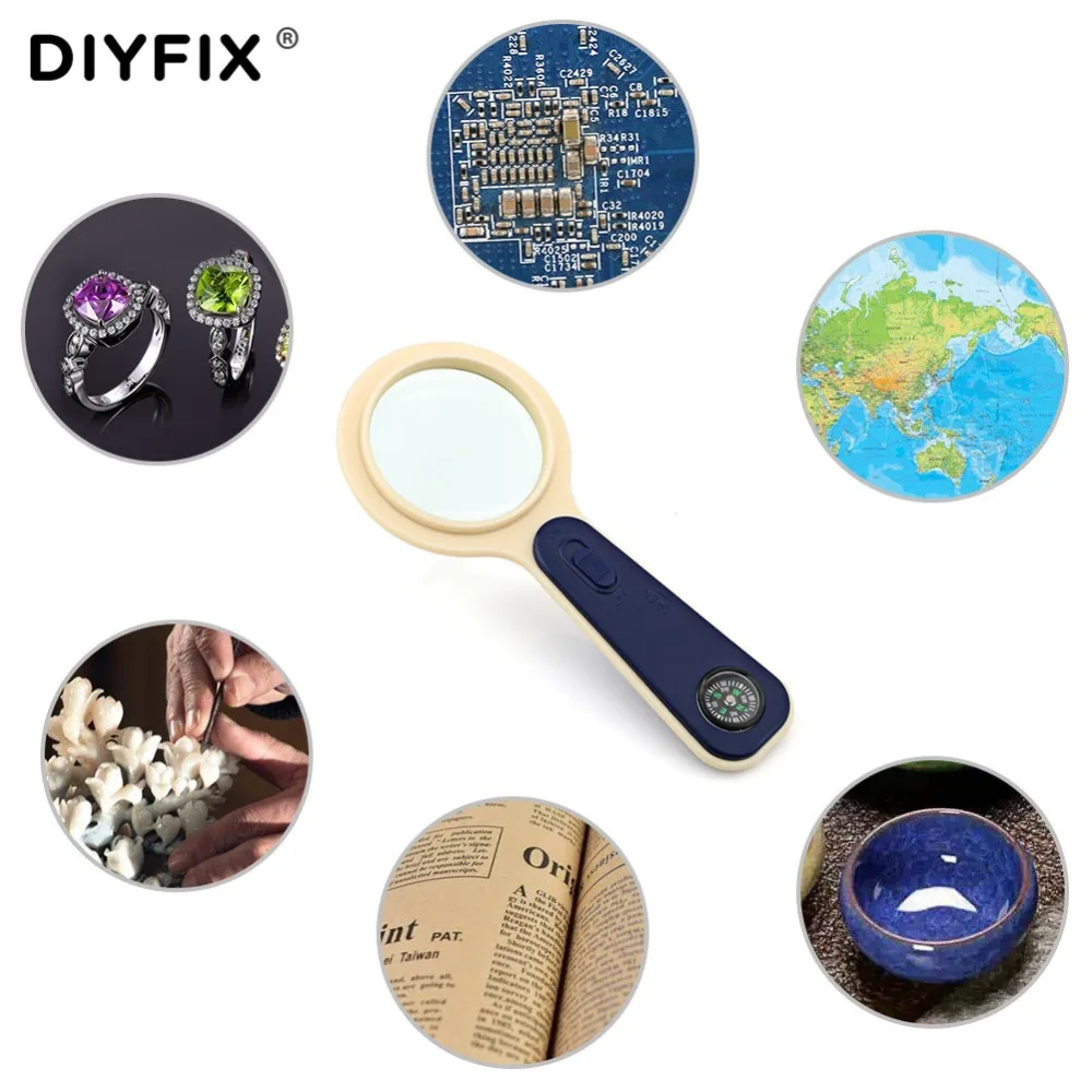 

DIYFIX EDC Tools 5X Optical Magnifier with Compass and 1 LED Light Handheld Magnifying Reading Loupe Outdoor Survival Hand Tool