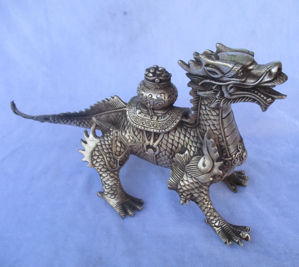 Коллекционная Оформлен Старый Ручная Тибет Серебряные Резные Лаки Дракон
