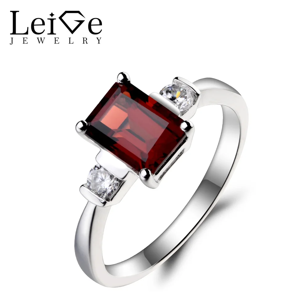 

Leige Jewelry Natural Red Garnet Ring Garnet Promise Ring January Birthstone Emerald Cut Red Gemstone 925 Sterling Silver Gifts