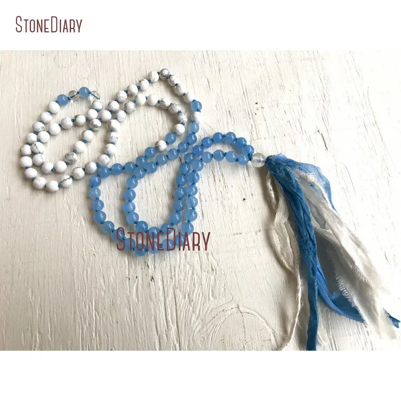 Корона мала для чакр бусы Синий Халцедон Магнезит и Кристальное сари кисточкой ожерелье Элегантный синий
