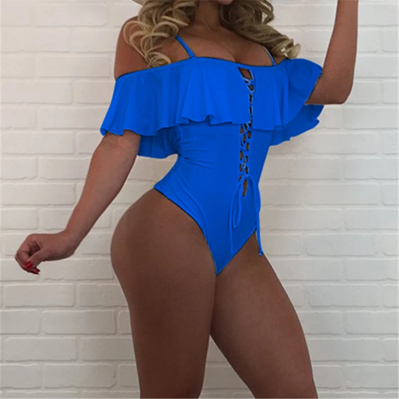 Swimwear Women One-Piece Swimsuit Sexy Bandage Halter Deep V-Neck Plunging Neck Hollow Out Beach Bathing Suit B125 | Спорт и