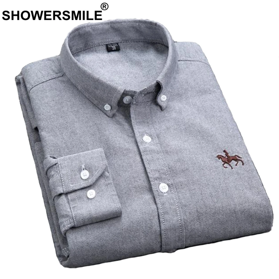 Grey Shirt SHOWERSMILE мужская желтая рубашка из чистого хлопка, Повседневная приталенная Мужская рубашка с вышивкой и длинным рукавом, осенняя мужская одежда большого размера - Цвет: Grey Shirt