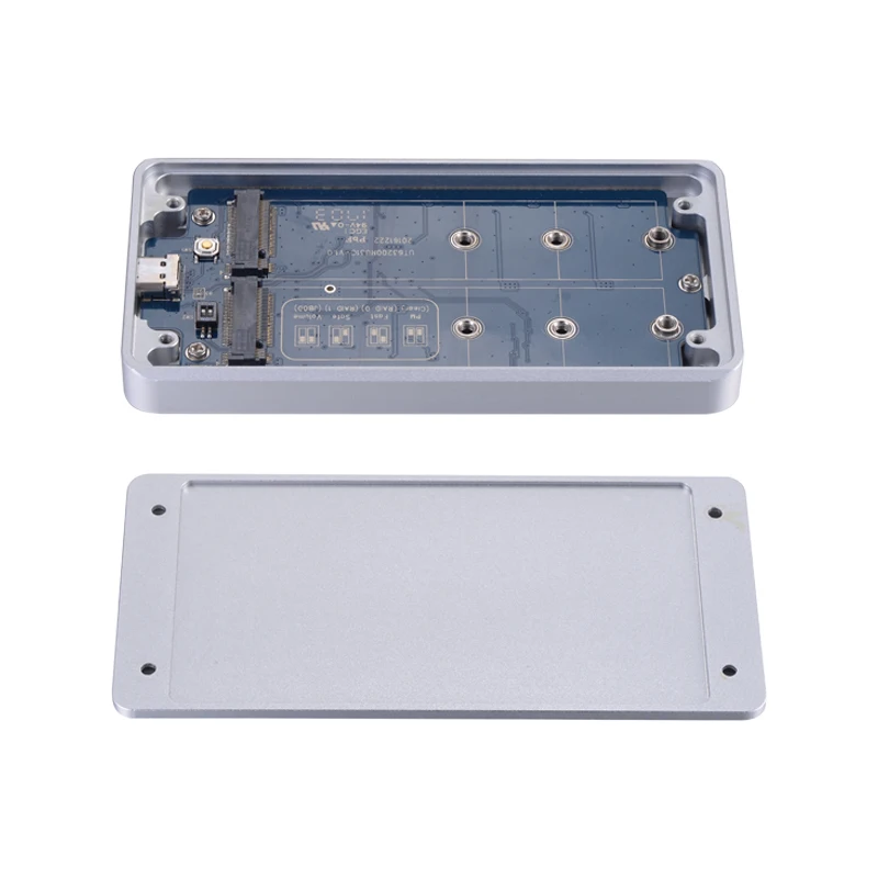 CNC alumunum crafting dual bay M.2 NGFF to USB3.1 HDD SSD enclosure support RAID with transfer speed ups to 10Gb[s