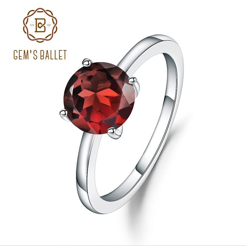 GEM'S BALLET 925 Sterling Silver Four-Prong Petite Comfort Fit Ring 2.36Ct Round Natural Red Garnet Engagement Rings For Women |