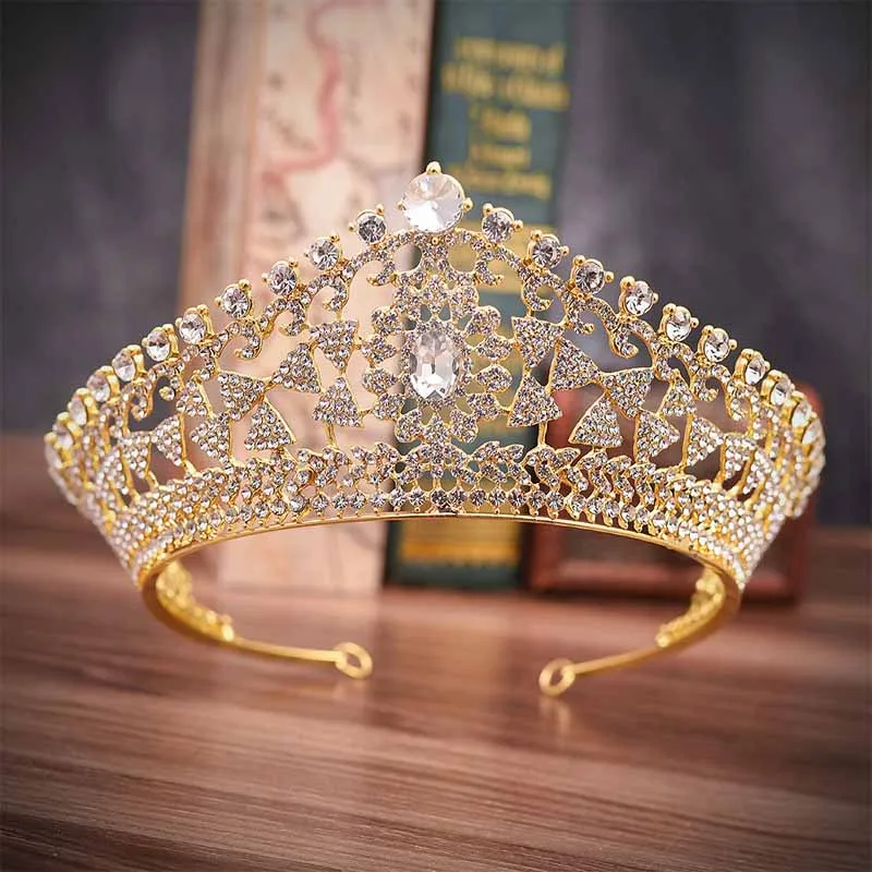 gold diadem Большая барочная винтажная зеленая Королевская Синяя Хрустальная Королевская корона Золотая свадебная повязка на голову красивая свадебная тиара для женщин - Окраска металла: gold diadem
