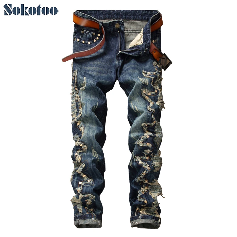 Sokotoo мужские модные заклепочный патч тонкие прямые джинсы повседневные