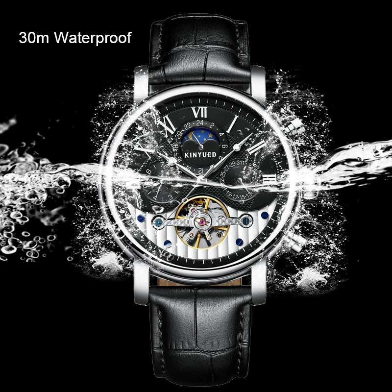 KINYUED Automat часы розовое золото кожа водонепроницаемый луна наручные Tourbillon