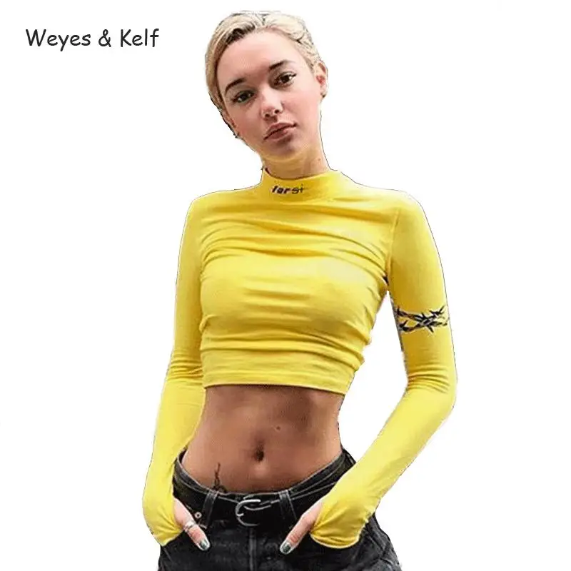 Женская короткая футболка Weyes &amp Kelf желтая укороченная с длинным рукавом