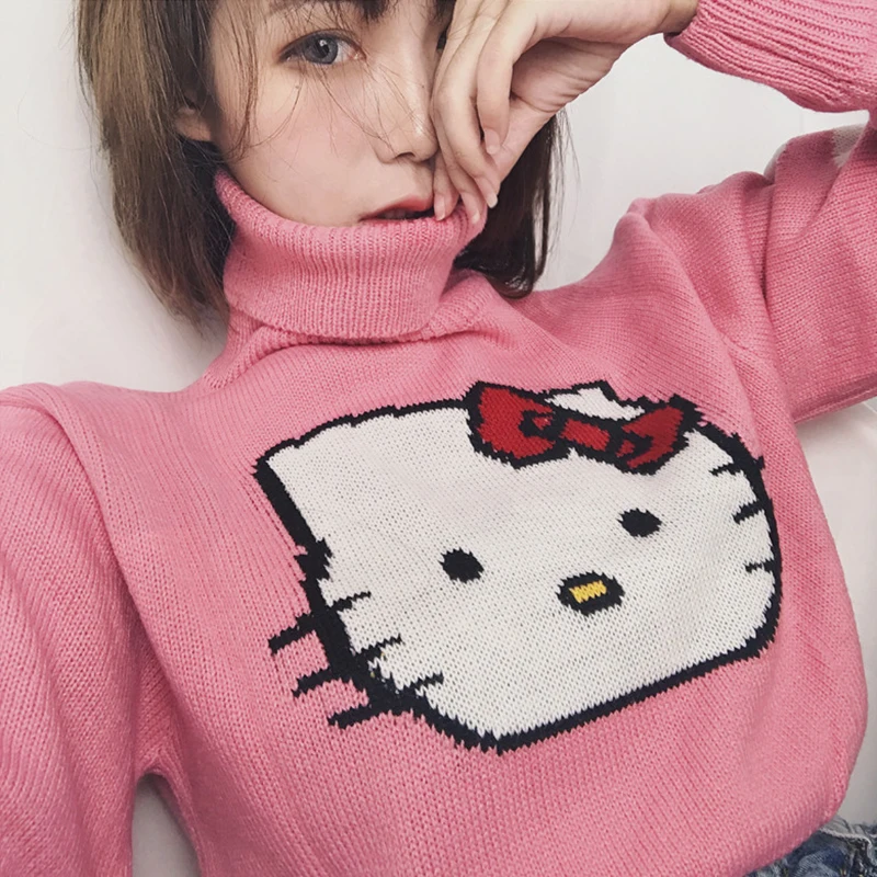 women turtleneck kitty crop sweater fashion character sweet sexy short knit top long sleeve cartoon pink 2019 pullover | Женская одежда