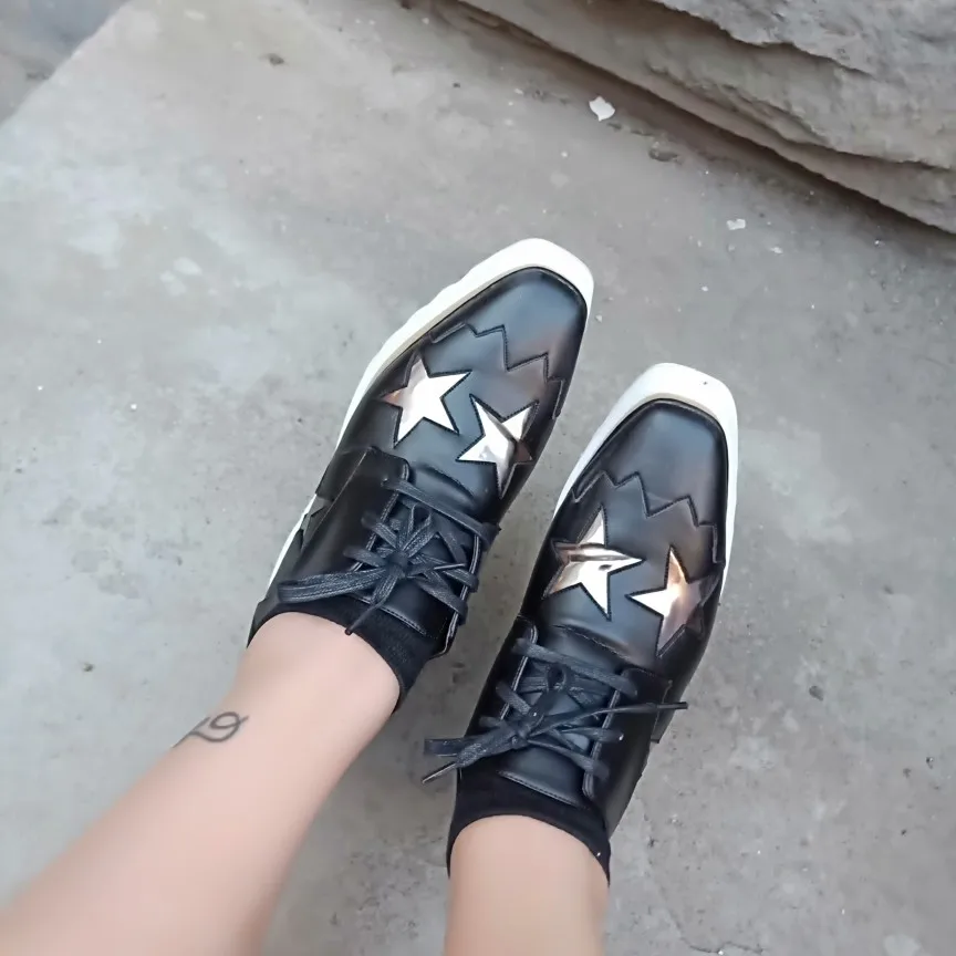 black silver star ; женская обувь на платформе; 31 цвет; обувь из натуральной кожи на танкетке с квадратным носком; горячая распродажа; обувь, увеличивающая рост; цвет бежевый; Размеры 35-41 - Цвет: black silver star