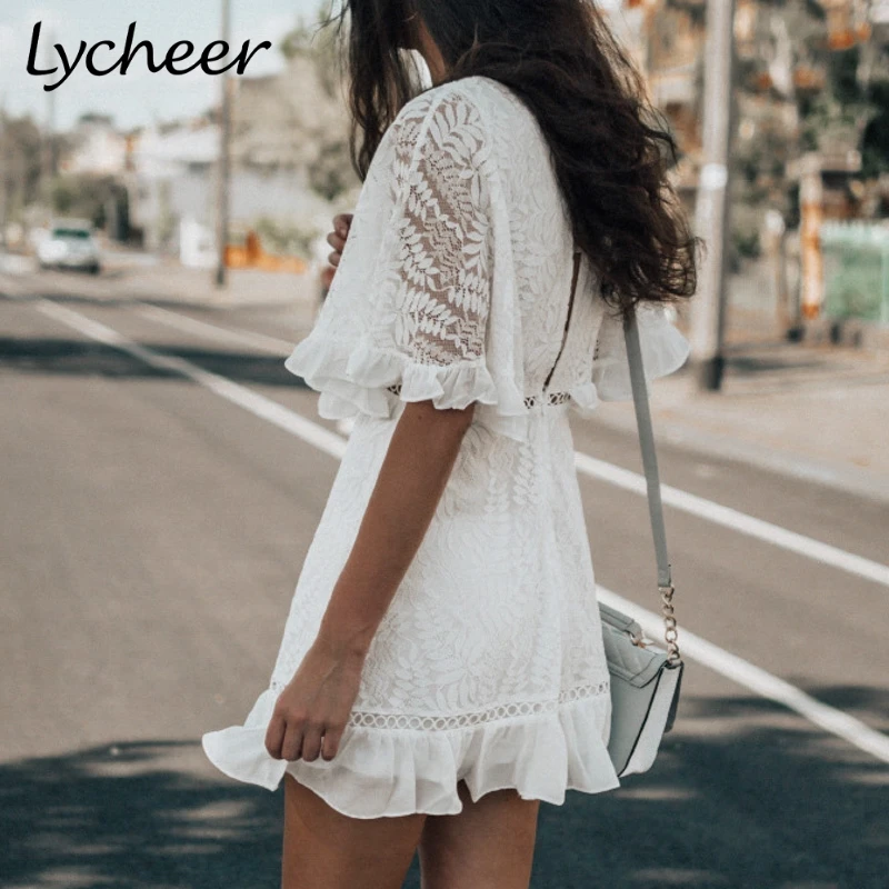 Lycheer Plus size ruffled lace embroidery lining women dress Vintage hollow out high waist sexy V-neck A-line party | Женская одежда