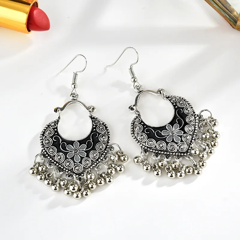 Vintage Heart Beads Tassel Drop Earrings for Women Bohemia Ethnic Antique Silver Color Flower Carved Pendant Earring Jewelry | Украшения и