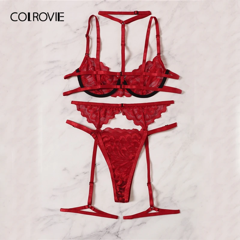 COLROVIE, красный цветочный кружевной комплект нижнего белья с подвязками, женское нижнее белье,, бюстгальтер на косточках и стринги, Дамский комплект нижнего белья