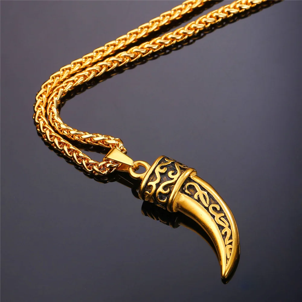 U7 Punk Rock Jewelry Wolf Teeth Men Necklace Gold Color Necklaces &amp Pendants Stainless Steel Chain P746 | Украшения и