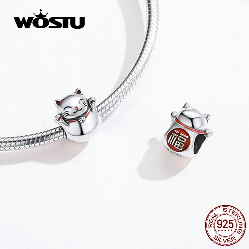 WOSTU Фортуна бусины кошка 925 пробы серебро эмаль Шарм Подходит DIY браслет кулон серебро 925 ювелирных изделий FIC1178
