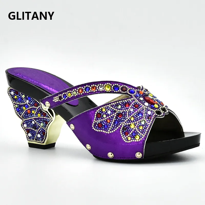 

Latest Purple Color Shoes African Wedding Shoe High Quality Elegant Italian Women Shoes with Stone High Heels Summer Women Pumps