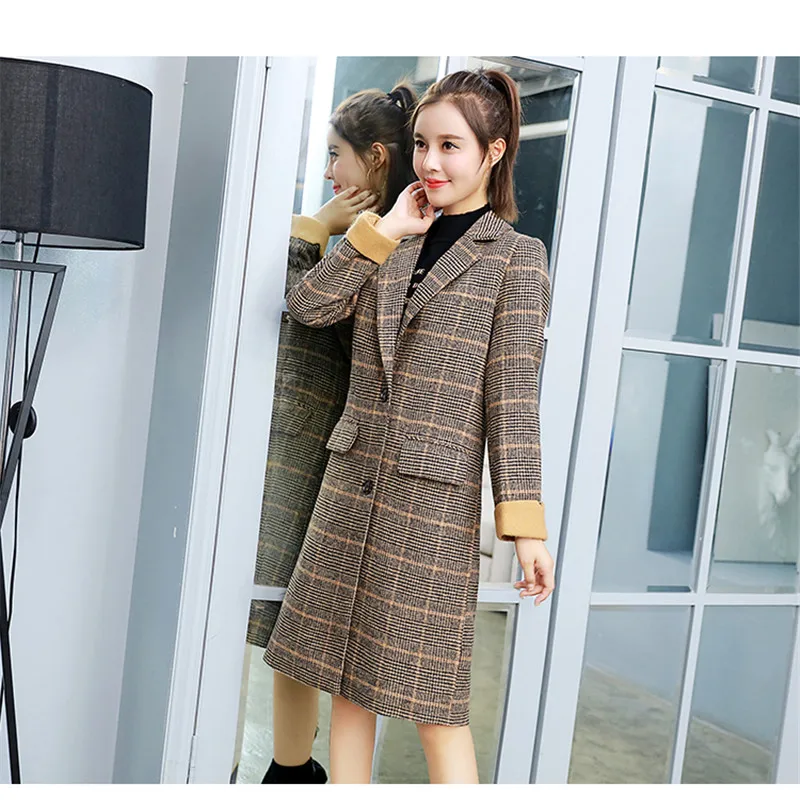 2018 осень зима шерсть для женщин плед Карманы смеси офисные длинные пальто модные