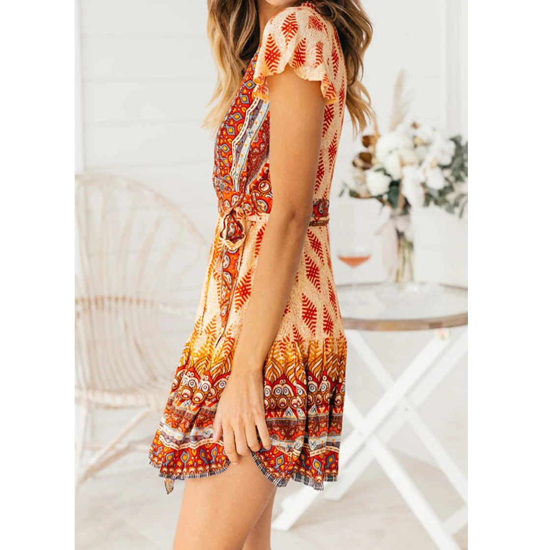 Летние платья для женщин Boho Kawaii мини-платье милый цветочный принт пляж Глубокий v-образный вырез А-силуэт сексуальное платье Инди фолк размера плюс M0484