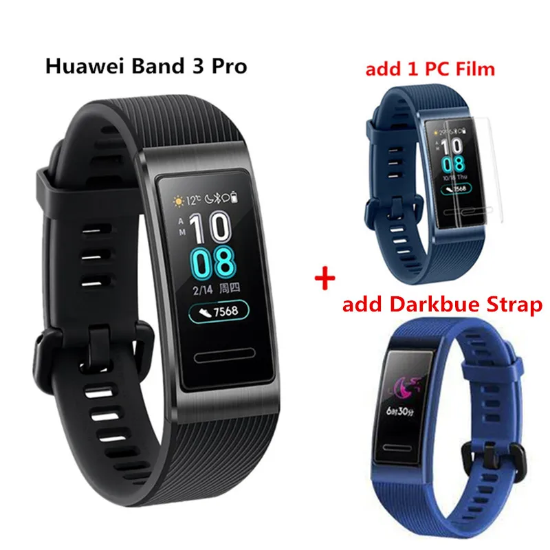 black add blue Смарт-браслет huawei Band 3 Pro с gps, металлический Amoled, Полноцветный Сенсорный экран 0,95 дюйма, датчик сердечного ритма, браслет для плавания и сна - Цвет: black add blue