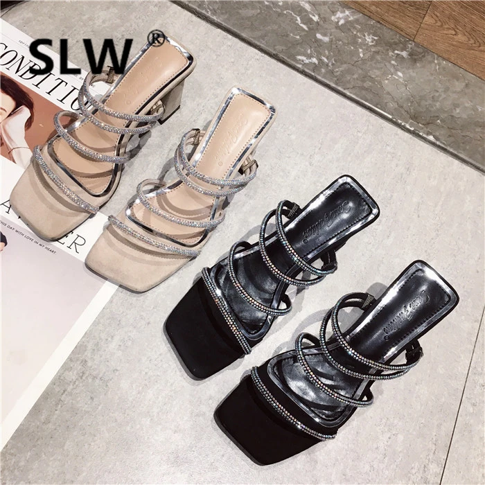 Slippers Heels Ladies Flip Flops Slides Woman Shoes Luxury Flock Square heel High Flip-flops Sliders Summer Designer Crystal