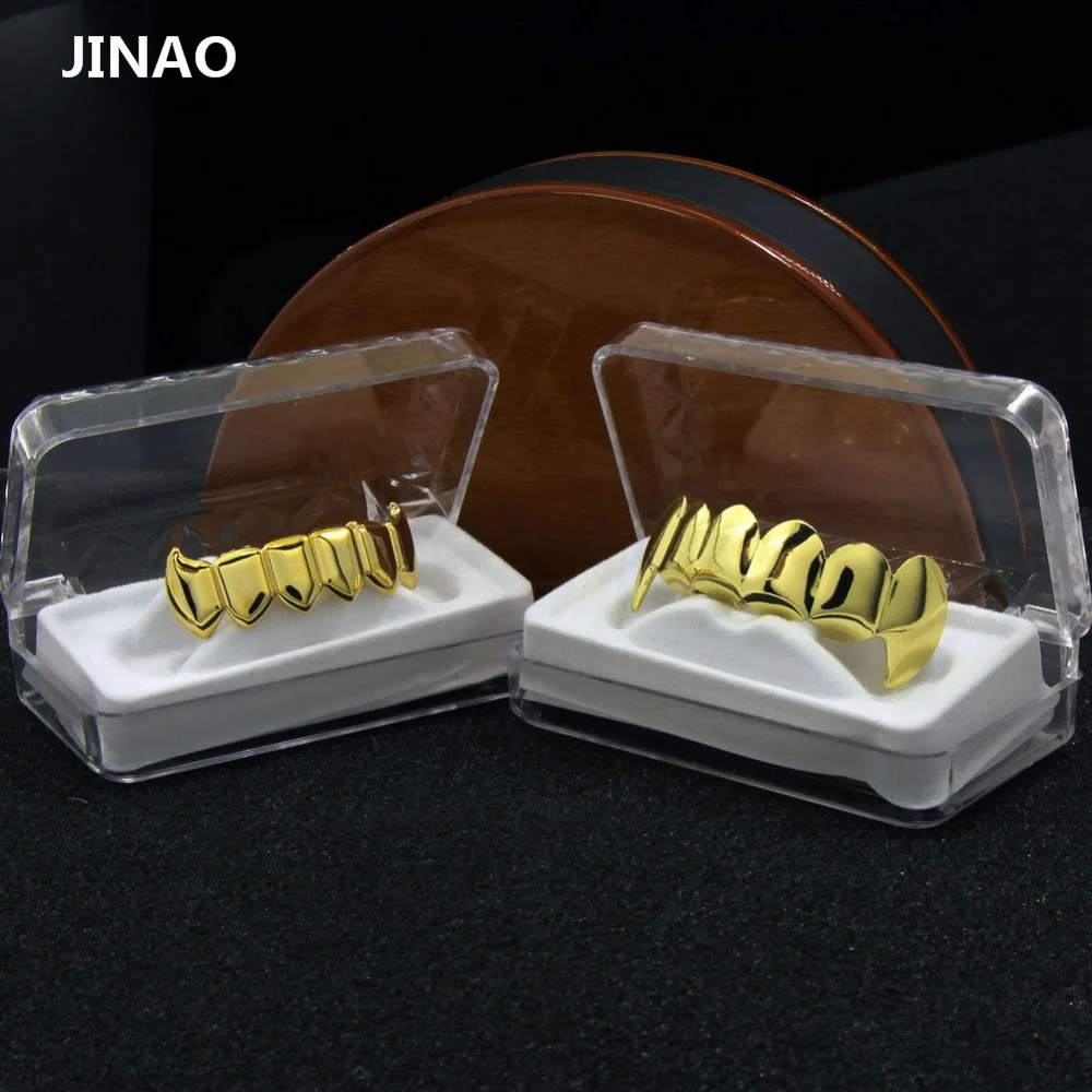 JINAO золото посеребренные хип-хоп ЗУБЫ Grillz верхние и нижние грили набор с силиконовым настоящим блестящим вампирский зуб гриль-наборы