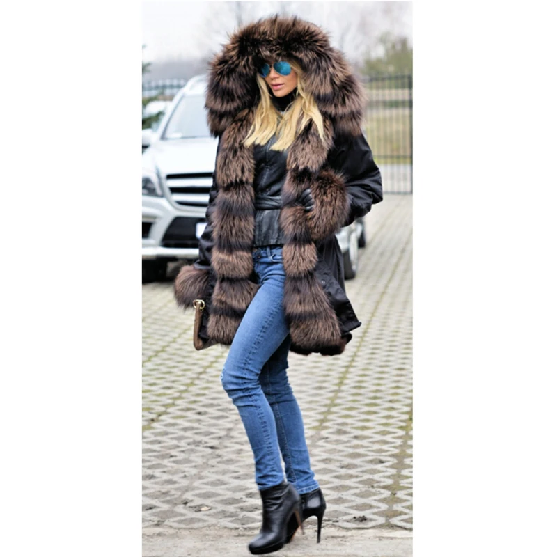 CKMORLS Real Raccoon Fur Coat Women Parka Clothes 2018 Winter Outerwear Lady Casual Black Jacket Collar Warm Harajuku Parkas | Женская