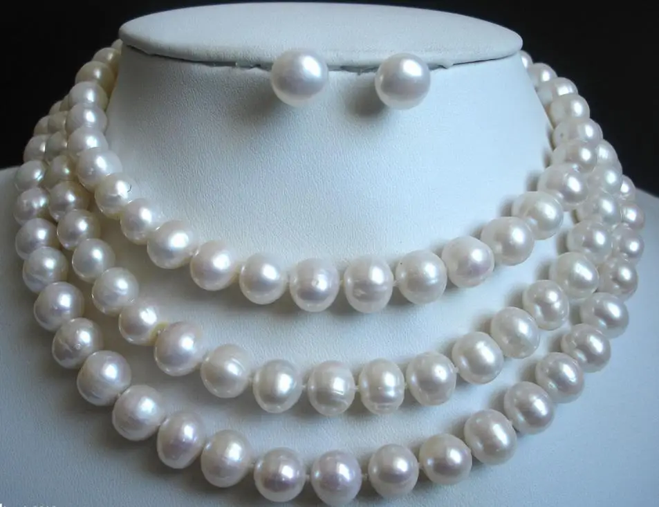 

8-9MM White Freshwater Cultured Pearl Necklace silver earrings set 50'' A+++