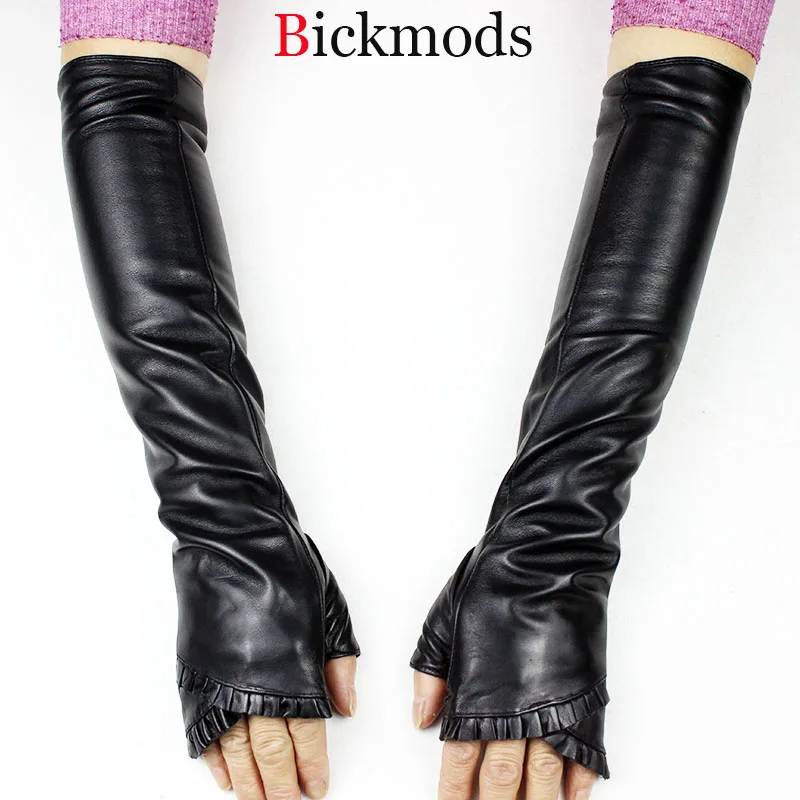 Thick velvet lining Новинка, женские длинные перчатки из овечьей кожи, с рюшами, с кружевами, с толстой бархатной подкладкой, Осенние теплые кожаные перчатки с рукавом до локтя - Цвет: Thick velvet lining