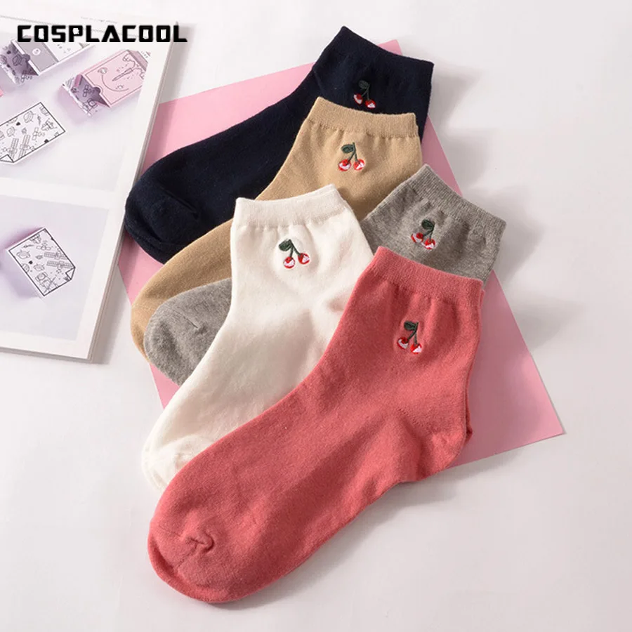 

[COSPLACOOL] New Arrival Cute Embroidered Cherry Women Cotton Socks Harajuku Solid Casual Girl calcetines 5 Color Meias