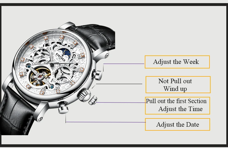 KINYUED Мужские механические часы бизнес кожа наручные часы Moon Phase Tourbillon автоматические мужские часы Скелет Мужские часы