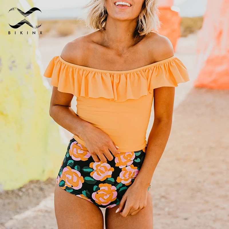 Bikinx Винтаж Высокая талия бикини 2019 Новинка с открытыми плечами гофрированные