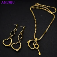 amumiu jewelry sets lock and key for woman pendant necklace sets women choker earrings rose gold color opal bride jewelry js089