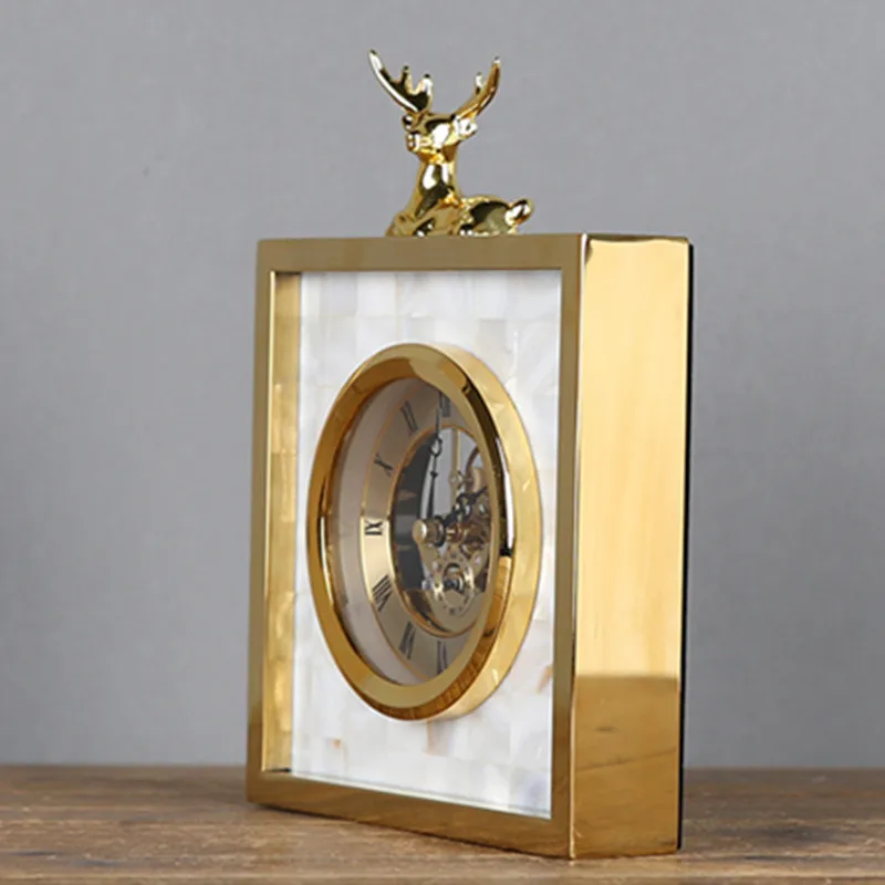 White Shell Metal Clock with Deer Living Room TV Cabinet Desk Decoration Creative Ornaments Best Gift | Дом и сад